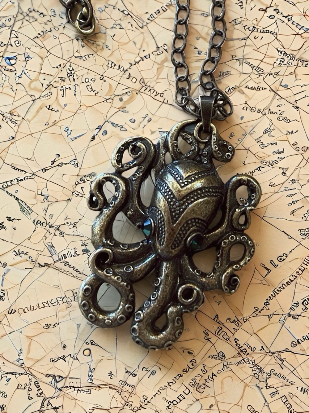 Bronze Octopus/Kraken Pendant Necklace with Green Accent Eyes - Picture 8 of 17